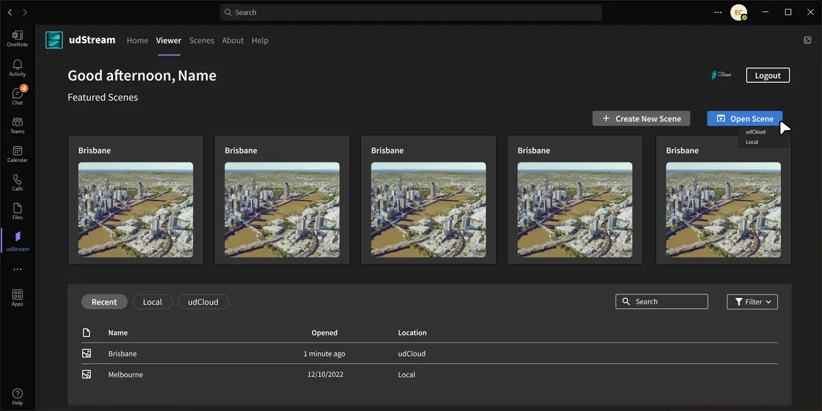 udStream Teams — home view